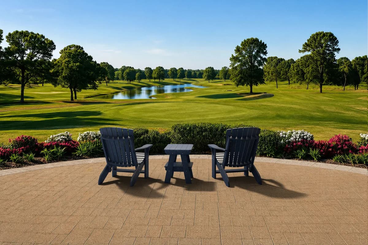 Two patriot blue Wildridge poly Adirondack chairs and a side table on a paver patio overlooking a golf course fairway and pond