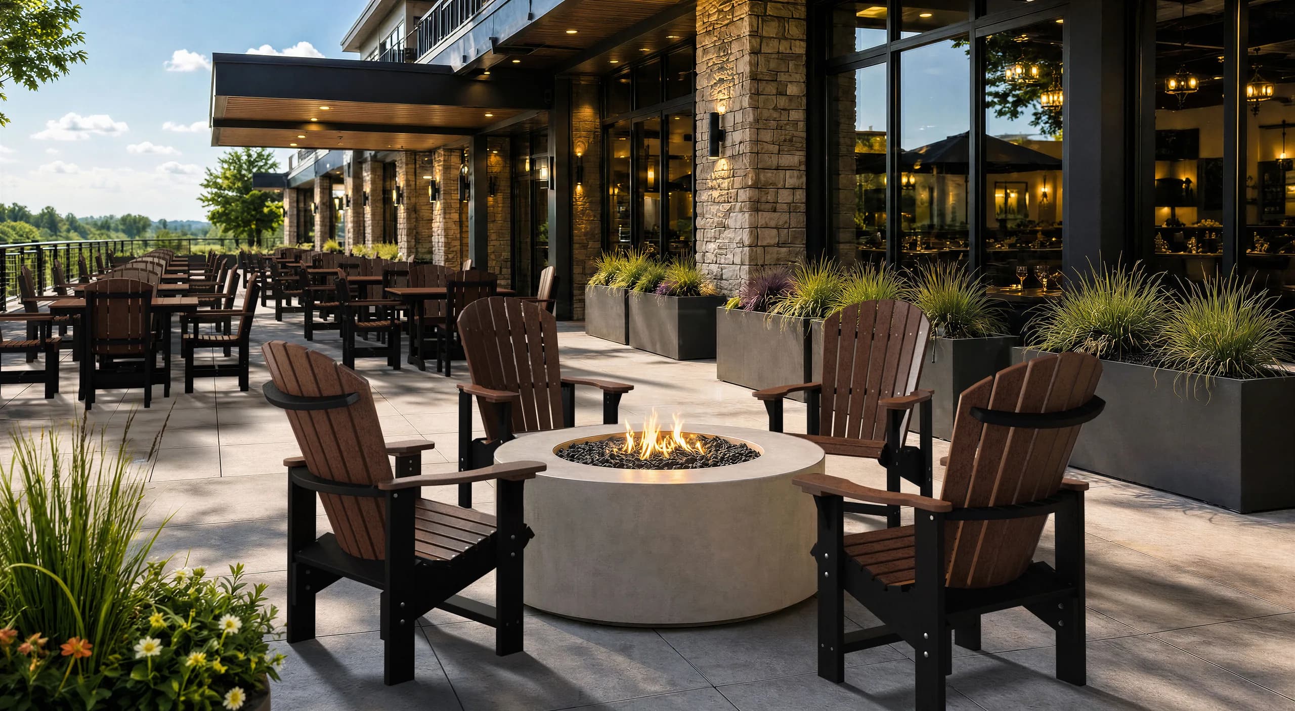 Wildridge poly Adirondack chairs in mahogany and black arranged around a gas fire pit on a restaurant patio, with additional dining sets lining the terrace