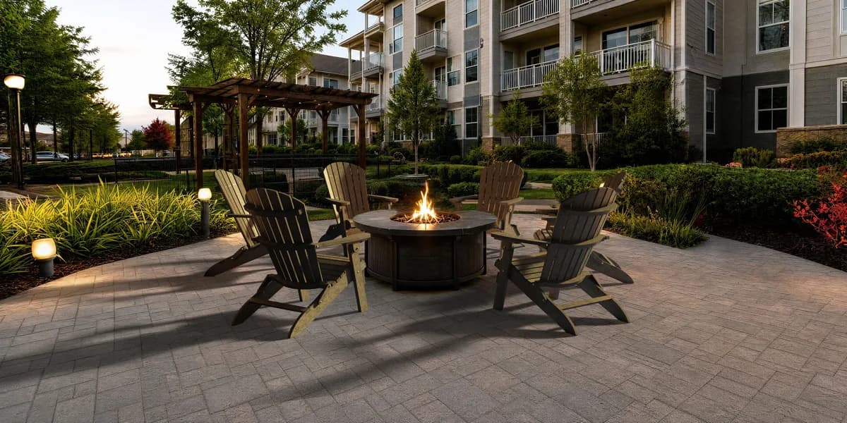 Wildridge poly Adirondack chairs circling a lit fire pit table in an apartment community courtyard at dusk