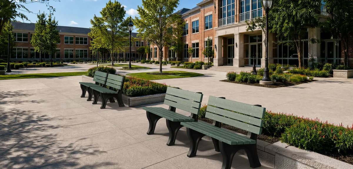 Turf green Wildridge poly park benches along a landscaped brick campus plaza on a sunny day